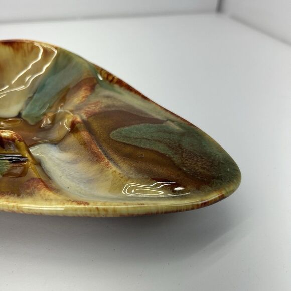 Vintage MCM Dryden Pottery Ozark Frontier Ashtray Brown Blue Drip Glaze 9.5” - Picture 9 of 12